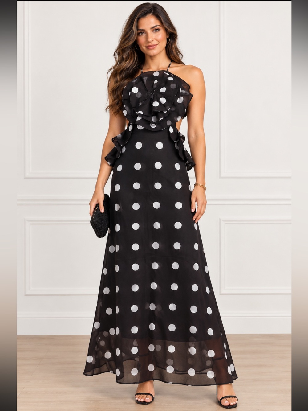 Halter Ruffle Polka Dot Maxi Dress - Black/White